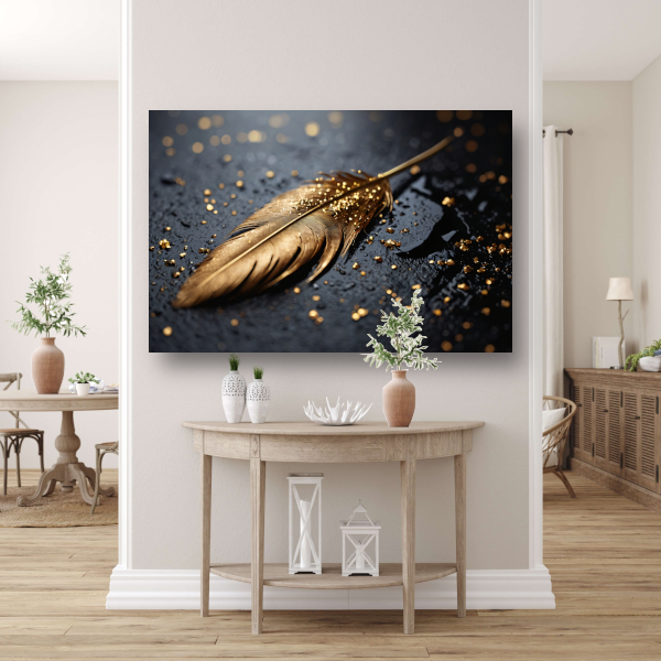 Glanzende Gouden Veer op Zwarte Ondergrond acrylglas