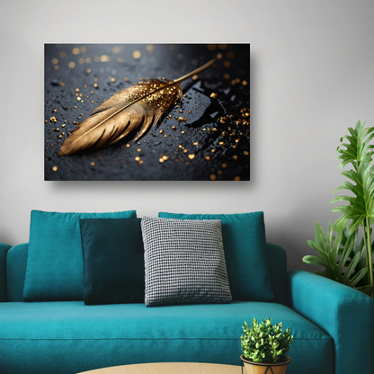 Glanzende Gouden Veer op Zwarte Ondergrond canvas met baklijst
