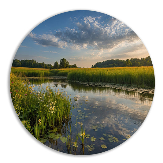 Schilderachtig zomerlandschap met bloemen en water aluminium muurcirkel