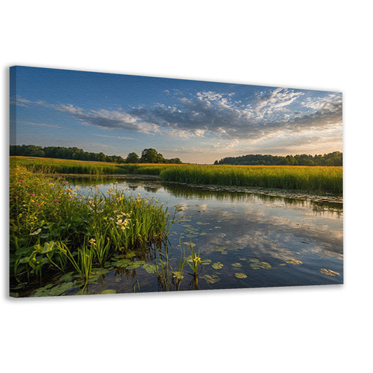 Schilderachtig zomerlandschap met bloemen en water canvas