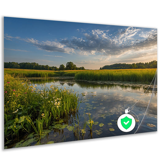 Schilderachtig zomerlandschap met bloemen en water poster