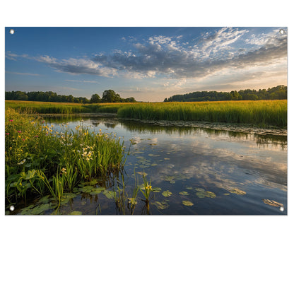 Schilderachtig zomerlandschap met bloemen en water tuinposter