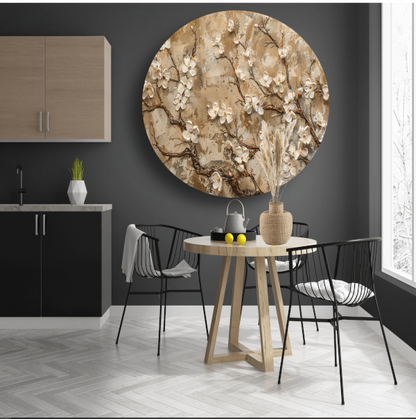 Gouden achtergrond met witte bloesemtakken aluminium muurcirkel