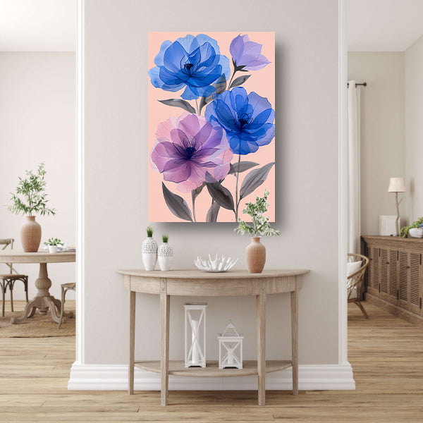 Kleurrijk abstract bloemen schilderij in blauw en paars acrylglas