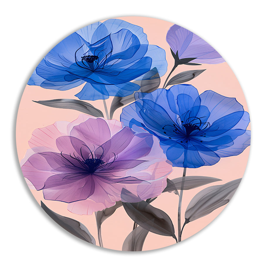 Kleurrijk abstract bloemen schilderij in blauw en paars aluminium muurcirkel