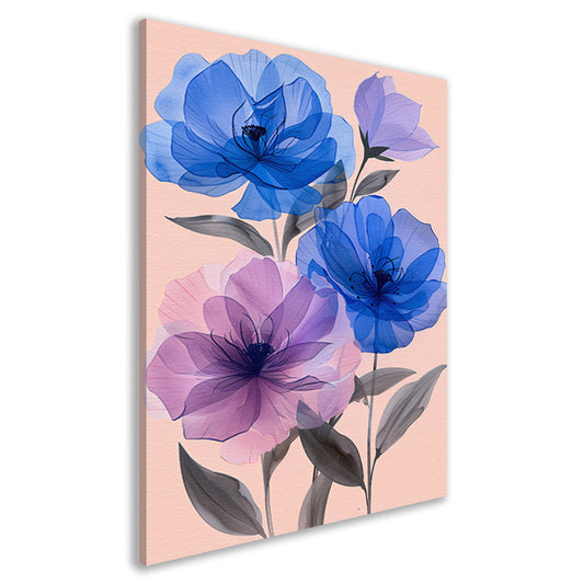 Kleurrijk abstract bloemen schilderij in blauw en paars canvas