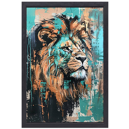 Abstract kleurrijk schilderij van een leeuw canvas met baklijst