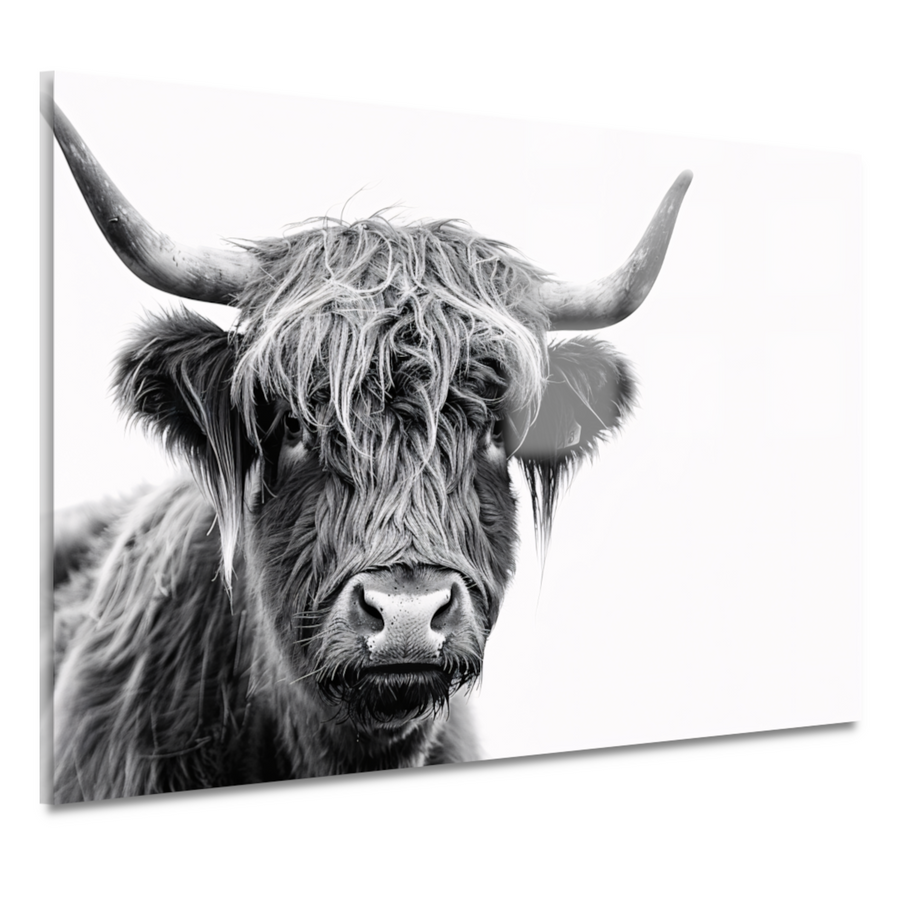 Close-up van een Schotse Hooglander in zwart-wit acrylglas