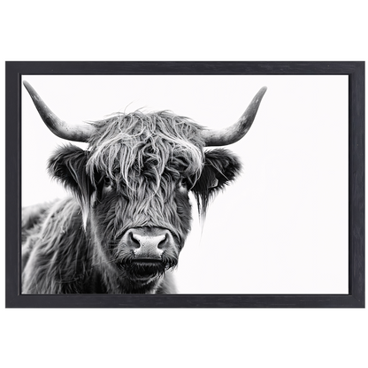 Close-up van een Schotse Hooglander in zwart-wit canvas met baklijst