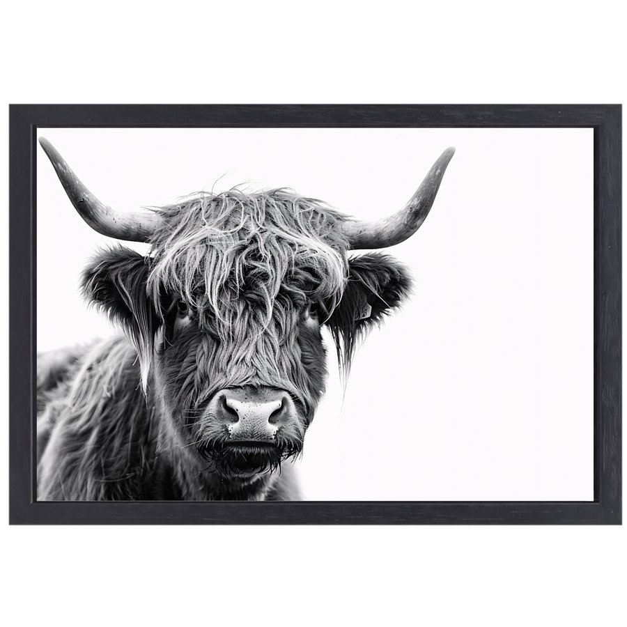 Close-up van een Schotse Hooglander in zwart-wit canvas met baklijst
