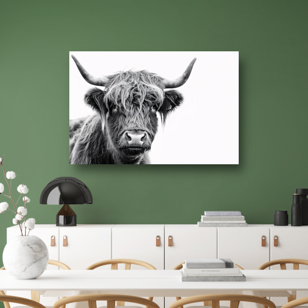 Close-up van een Schotse Hooglander in zwart-wit canvas met baklijst