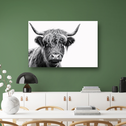 Close-up van een Schotse Hooglander in zwart-wit canvas met baklijst