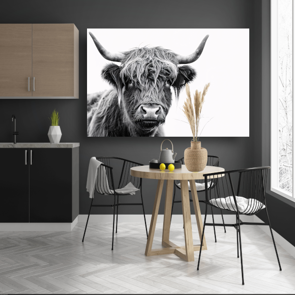 Close-up van een Schotse Hooglander in zwart-wit canvas met baklijst
