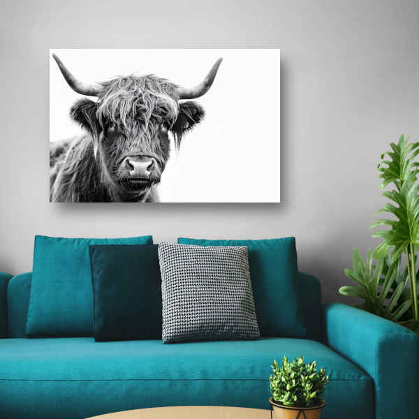 Close-up van een Schotse Hooglander in zwart-wit canvas met baklijst