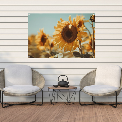 Zonovergoten zonnebloemveld onder een helderblauwe hemel tuinposter