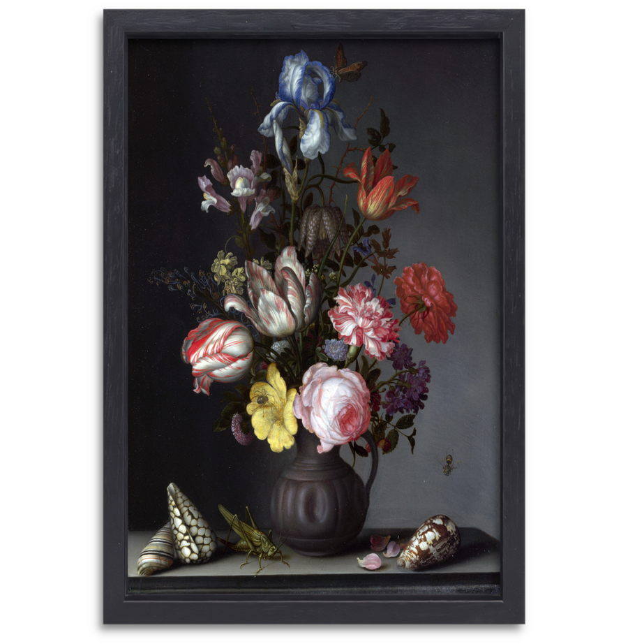 Bloemen in een vaas met schelpen en insecten - Balthasar van der Ast canvas met baklijst