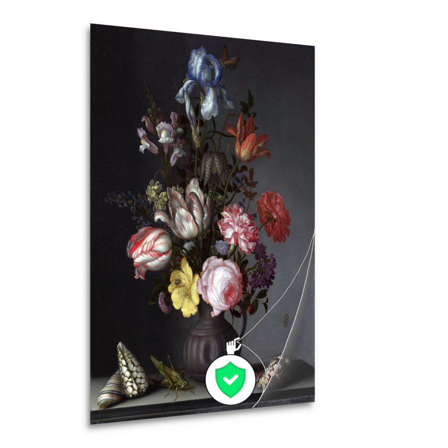 Bloemen in een vaas met schelpen en insecten - Balthasar van der Ast poster
