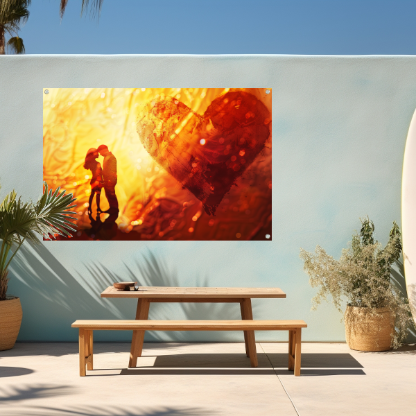 Omhelzing in het hart van de zonsondergang tuinposter