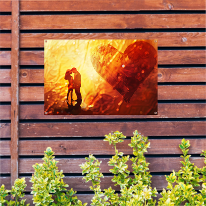 Omhelzing in het hart van de zonsondergang tuinposter