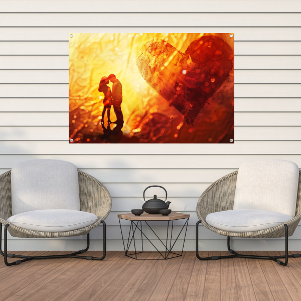 Omhelzing in het hart van de zonsondergang tuinposter