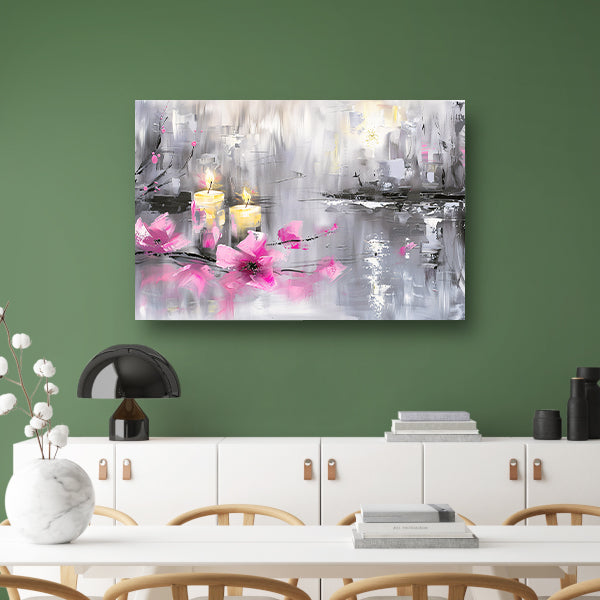 Abstract schilderij met kaarsen en bloemen poster