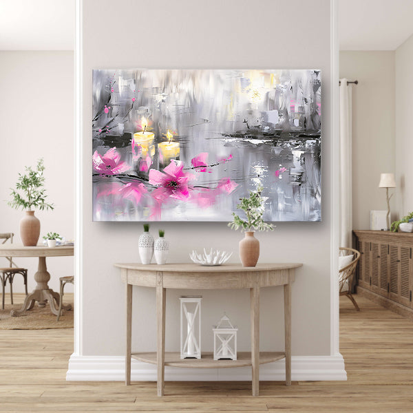 Abstract schilderij met kaarsen en bloemen poster