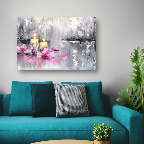 Abstract schilderij met kaarsen en bloemen poster