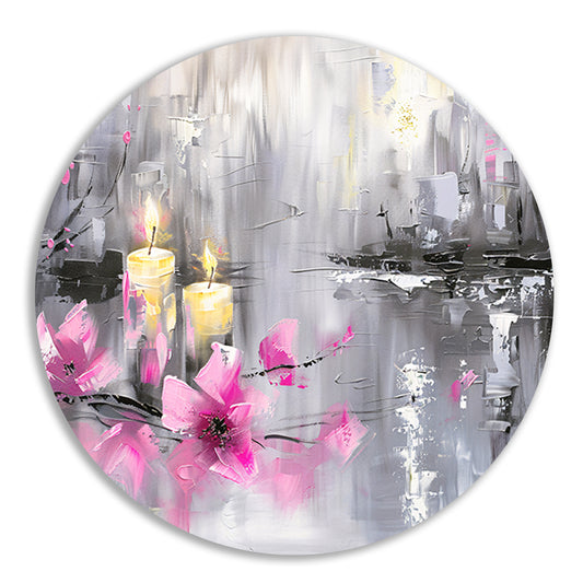 Abstract schilderij met kaarsen en bloemen aluminium muurcirkel