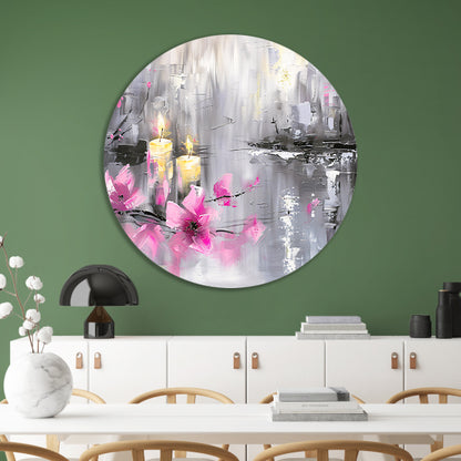 Abstract schilderij met kaarsen en bloemen aluminium muurcirkel