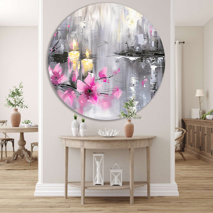 Abstract schilderij met kaarsen en bloemen aluminium muurcirkel