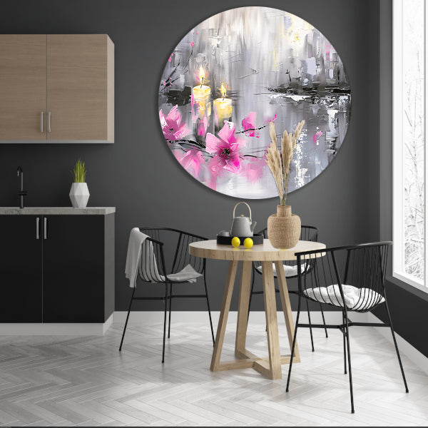 Abstract schilderij met kaarsen en bloemen aluminium muurcirkel
