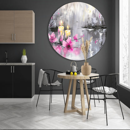 Abstract schilderij met kaarsen en bloemen aluminium muurcirkel