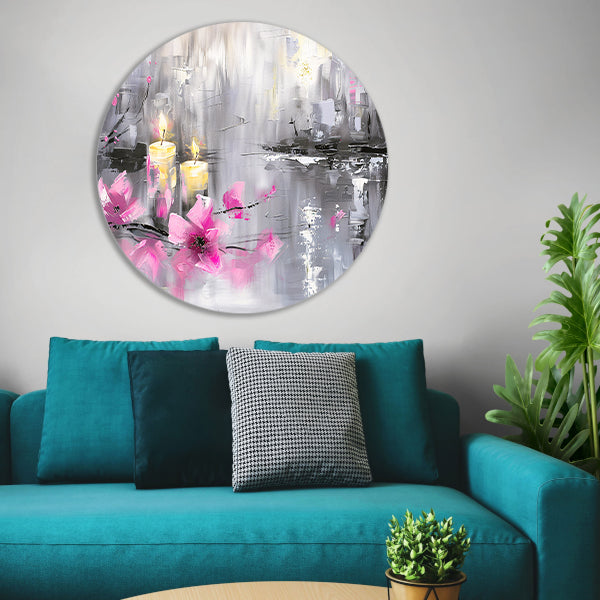 Abstract schilderij met kaarsen en bloemen aluminium muurcirkel
