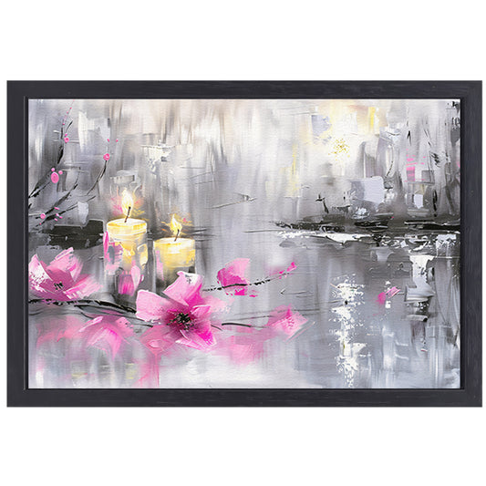 Abstract schilderij met kaarsen en bloemen canvas met baklijst