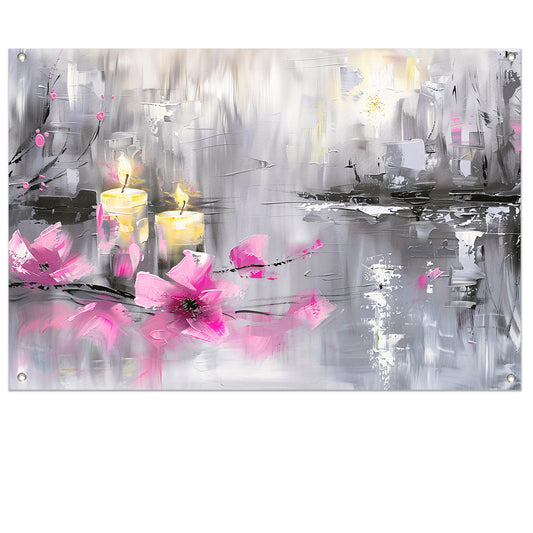 Abstract schilderij met kaarsen en bloemen tuinposter