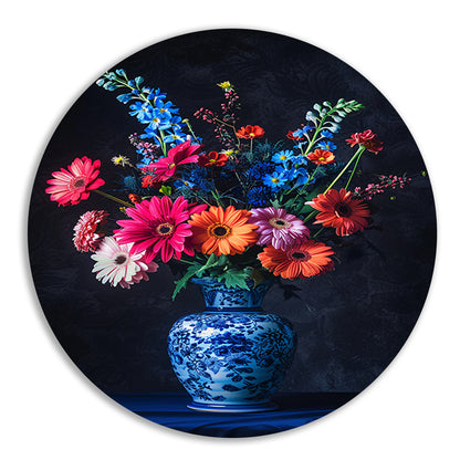 Levendige bloemen in elegante blauw-witte vaas forex muurcirkel