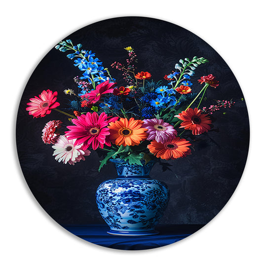 Levendige bloemen in elegante blauw-witte vaas forex muurcirkel