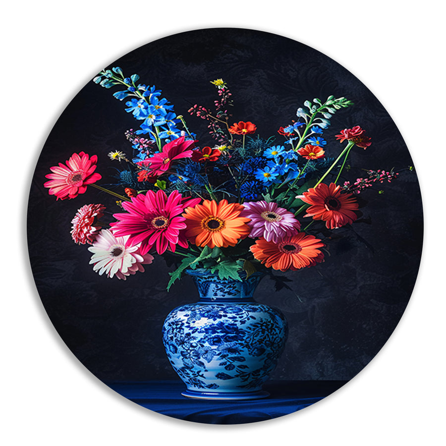 Levendige bloemen in elegante blauw-witte vaas forex muurcirkel