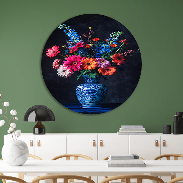 Levendige bloemen in elegante blauw-witte vaas forex muurcirkel