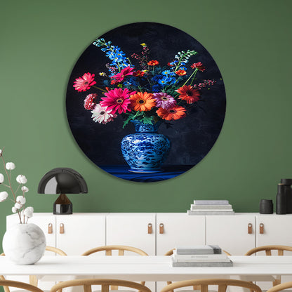 Levendige bloemen in elegante blauw-witte vaas forex muurcirkel