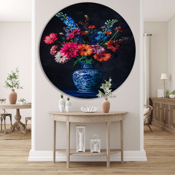 Levendige bloemen in elegante blauw-witte vaas forex muurcirkel
