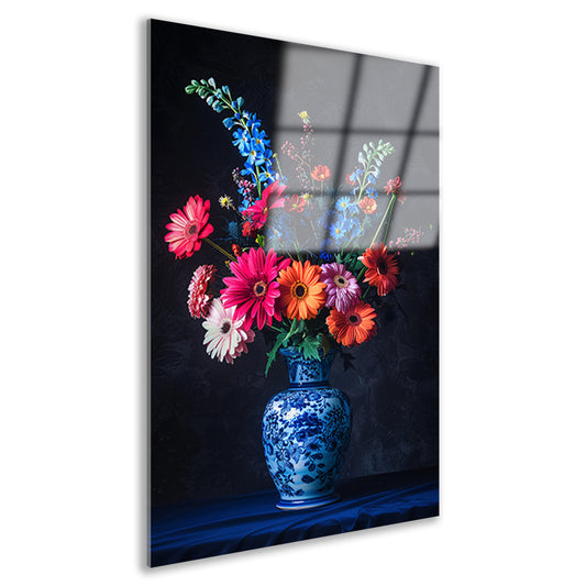 Levendige bloemen in elegante blauw-witte vaas acrylglas