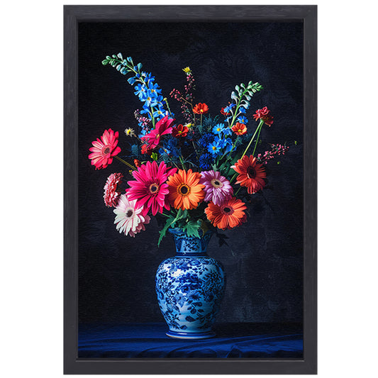 Levendige bloemen in elegante blauw-witte vaas canvas met baklijst