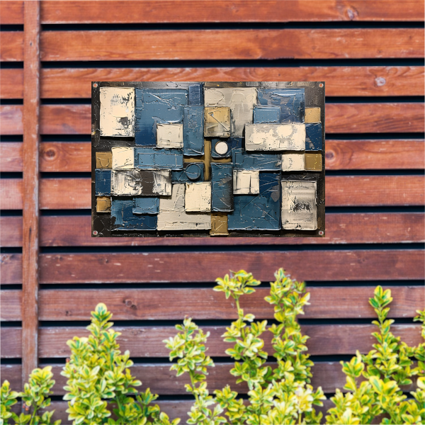 Abstract schilderij met rechthoeken en cirkels tuinposter