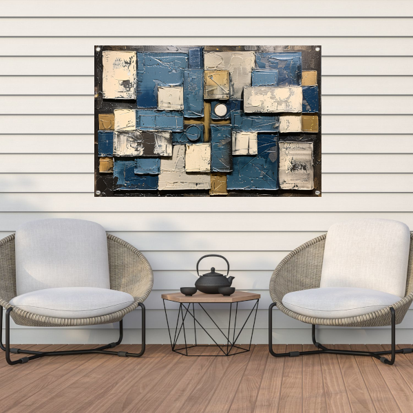 Abstract schilderij met rechthoeken en cirkels tuinposter