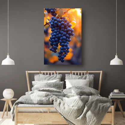 Gouden zonlicht op rijpe blauwe druiven canvas met baklijst
