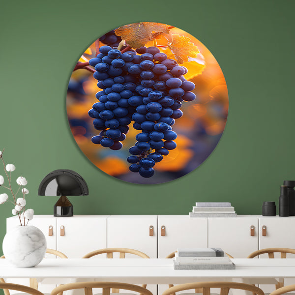 Gouden zonlicht op rijpe blauwe druiven aluminium muurcirkel