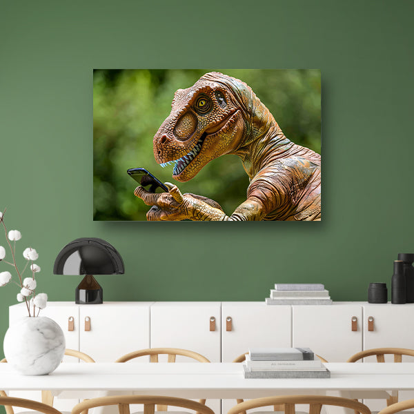 Dinosaur met smartphone in futuristische wereld poster