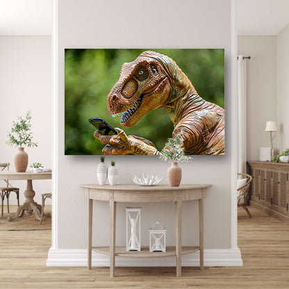 Dinosaur met smartphone in futuristische wereld canvas