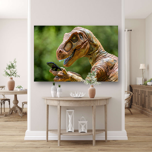 Dinosaur met smartphone in futuristische wereld poster